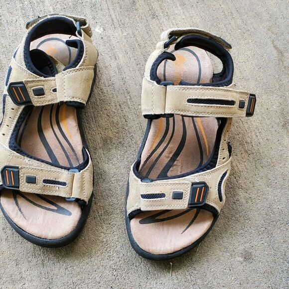 DENALI men's hook & loop low wedge beige leather upper sandals size 7 - Picture 1 of 7